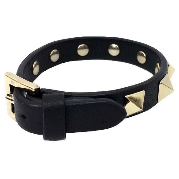 Valentino Garavani Rockstud Bracelet ZW2J0255VIT Leather Black x Champagne Go...
